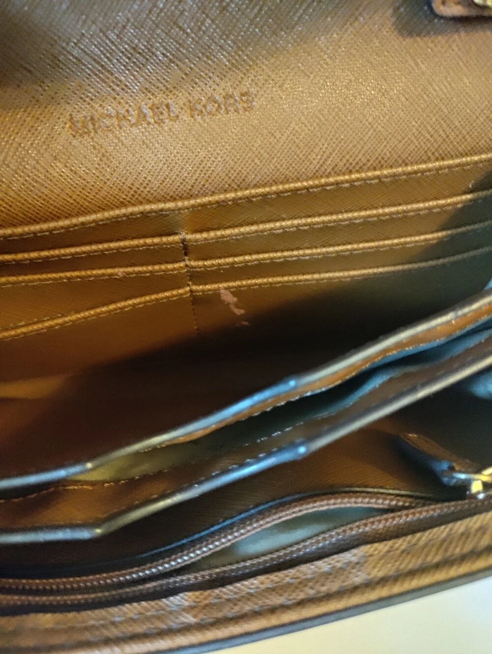 Michael Kors Cognac Saffiano Leather Crossbody Wallet with Gold Chain